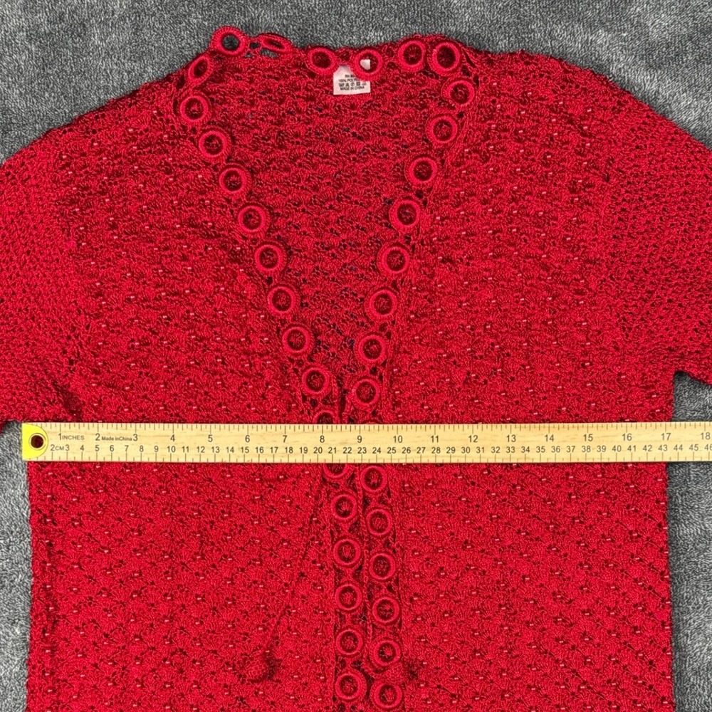 Red Beaded Crochet Cardigan Open Knit Ring Trim 3/4 Sleeve RN 80483 Medium - Picture 6 of 7
